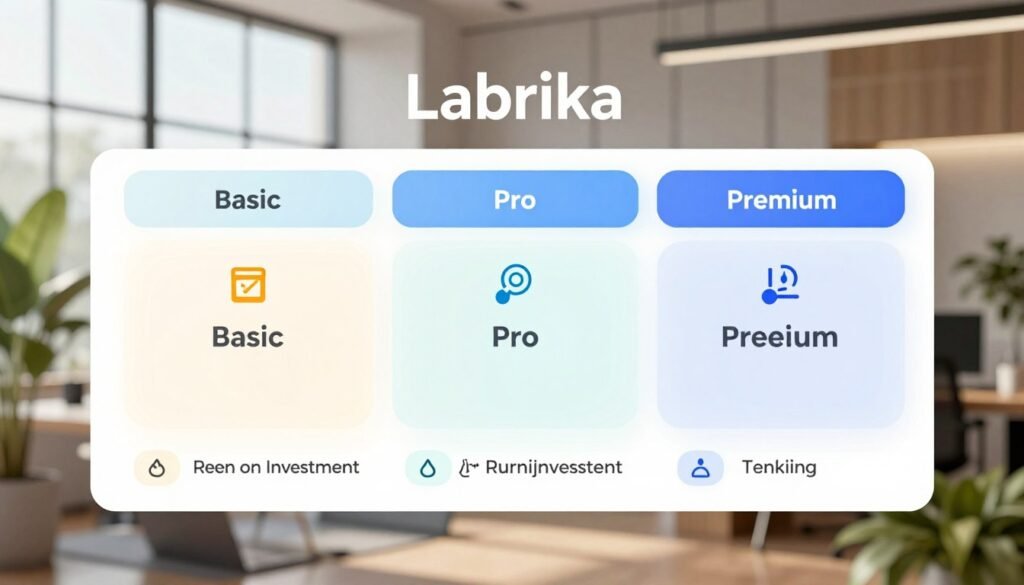 A modern, visually appealing pricing structure layout for Labrika, displaying tiers such as Basic, Pro, and Premium in an organized format. In the foreground, sleek icons represent each pricing tier, complemented by symbols for features like savings, return on investment, and customer support. The middle ground features an elegant table with subtle gradient colors, enhancing readability and attractiveness. The background is softly blurred, showcasing a high-tech, modern office environment with hints of greenery, reflecting innovation and professionalism. Soft natural light streams in from large windows, giving a warm and inviting atmosphere. The image should convey clarity, simplicity, and sophistication without any text or distracting elements.