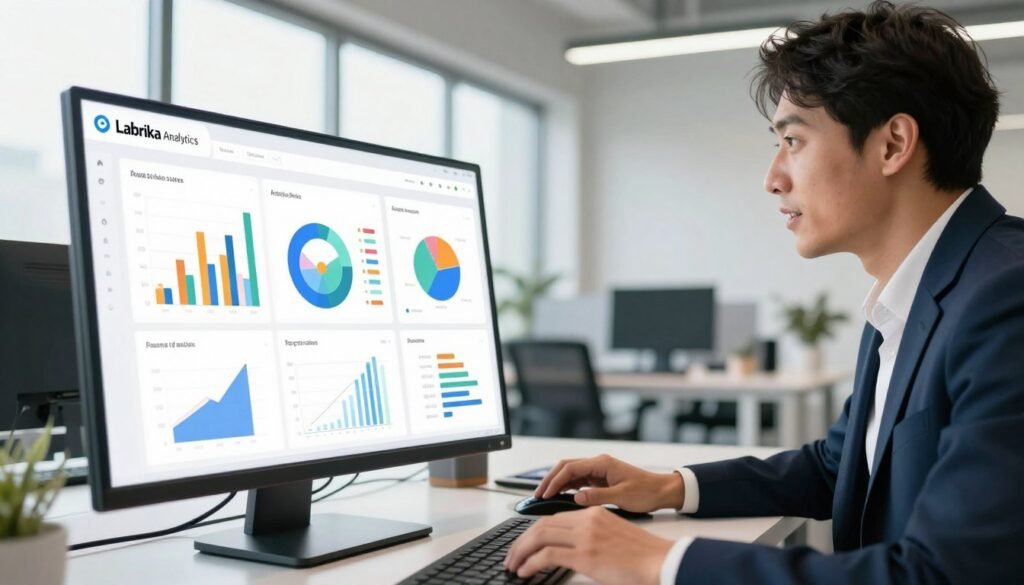 A sleek and modern Labrika Analytics Dashboard set in a bright, professional office environment. In the foreground, a sophisticated user interface displays colorful graphs, charts, and data visualizations designed for data-driven insights. The middle ground features a business professional in smart attire, intently analyzing the dashboard, with a look of concentration and enthusiasm. The background showcases a well-organized office with large windows letting in natural light, illuminating the space. The lighting is bright and inviting, promoting a sense of productivity. A slightly angled perspective adds depth, focusing on both the dashboard’s intricate details and the professional’s engaged expression. The overall mood is dynamic and motivating, reflecting innovation and the empowering nature of data analytics.